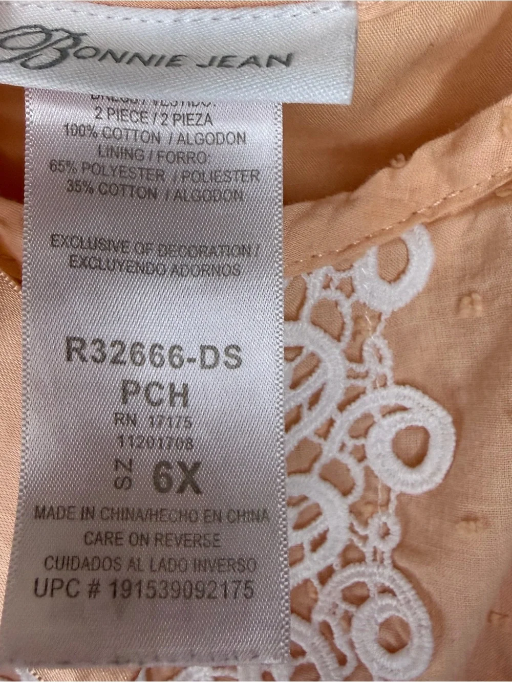 Bonnie Jean Peach Swiss Dot Dress & Matching Sun Hat Set Girls Size 6X Lace East